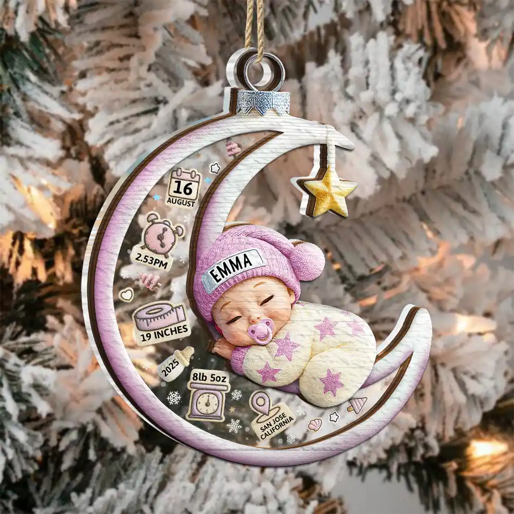 Christmas,New baby,New Dad,New Mom,Happy - Baby Sleeping On The Moon First Christmas 3D Effect - Personalized 2-Layered Mix Ornament