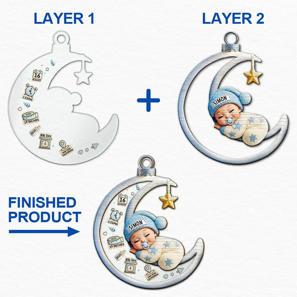 Christmas,New baby,New Dad,New Mom,Happy - Baby Sleeping On The Moon First Christmas 3D Effect - Personalized 2-Layered Mix Ornament