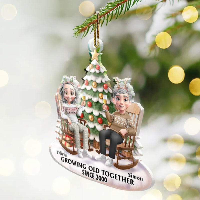 Christmas,Gift For Couples,Old Couples,Gift For Husband,Gift For Wife,Gift For Boyfriend,Gift For Girlfriend,Happy - Growing Old Together 3D Effect Couple Sitting - Personalized Custom Shaped Acrylic Ornament