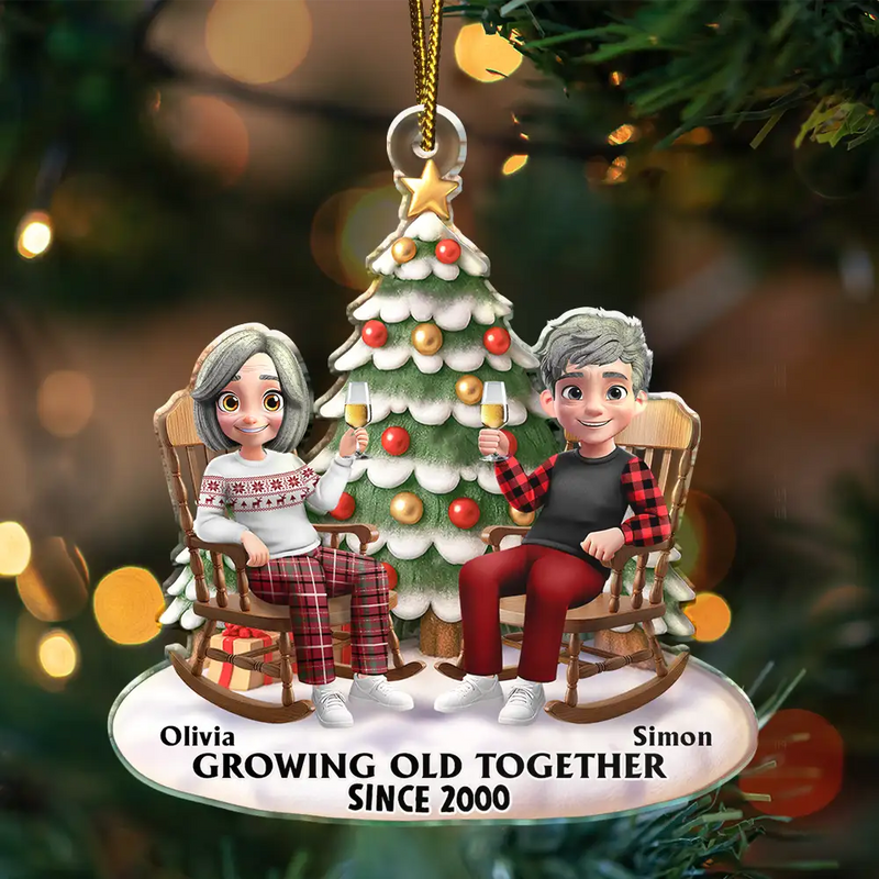 Christmas,Gift For Couples,Old Couples,Gift For Husband,Gift For Wife,Gift For Boyfriend,Gift For Girlfriend,Happy - Growing Old Together 3D Effect Couple Sitting - Personalized Custom Shaped Acrylic Ornament