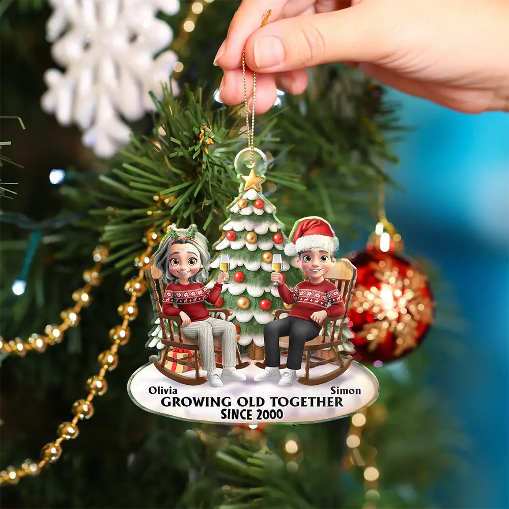 Christmas,Gift For Couples,Old Couples,Gift For Husband,Gift For Wife,Gift For Boyfriend,Gift For Girlfriend,Happy - Growing Old Together 3D Effect Couple Sitting - Personalized Custom Shaped Acrylic Ornament