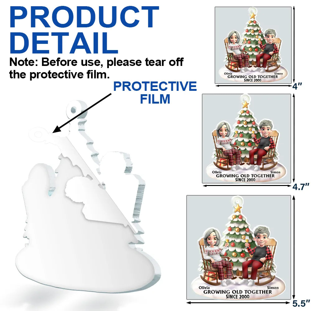 Christmas,Gift For Couples,Old Couples,Gift For Husband,Gift For Wife,Gift For Boyfriend,Gift For Girlfriend,Happy - Growing Old Together 3D Effect Couple Sitting - Personalized Custom Shaped Acrylic Ornament