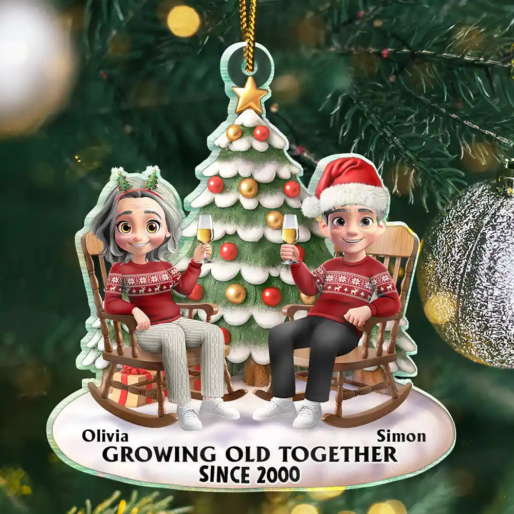 Christmas,Gift For Couples,Old Couples,Gift For Husband,Gift For Wife,Gift For Boyfriend,Gift For Girlfriend,Happy - Growing Old Together 3D Effect Couple Sitting - Personalized Custom Shaped Acrylic Ornament