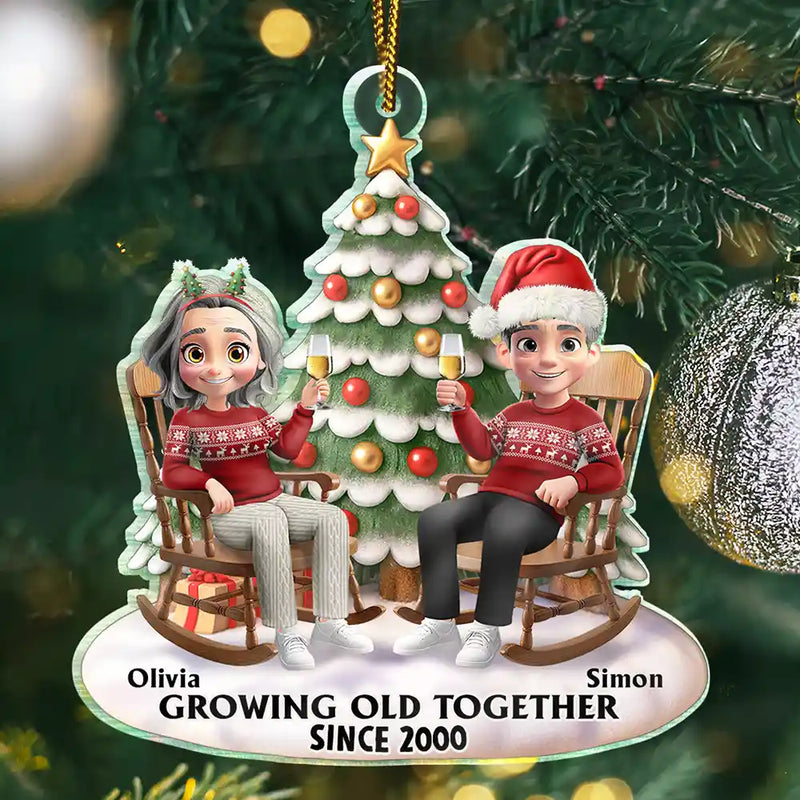 Christmas,Gift For Couples,Old Couples,Gift For Husband,Gift For Wife,Gift For Boyfriend,Gift For Girlfriend,Happy - Growing Old Together 3D Effect Couple Sitting - Personalized Custom Shaped Acrylic Ornament