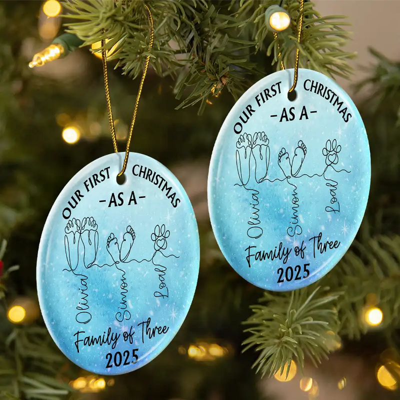Christmas,New Dad,New baby,New Mom,Happy - Family Footprint One Line Art First Christmas As A Family Of Three - Personalized Circle Ceramic Ornament