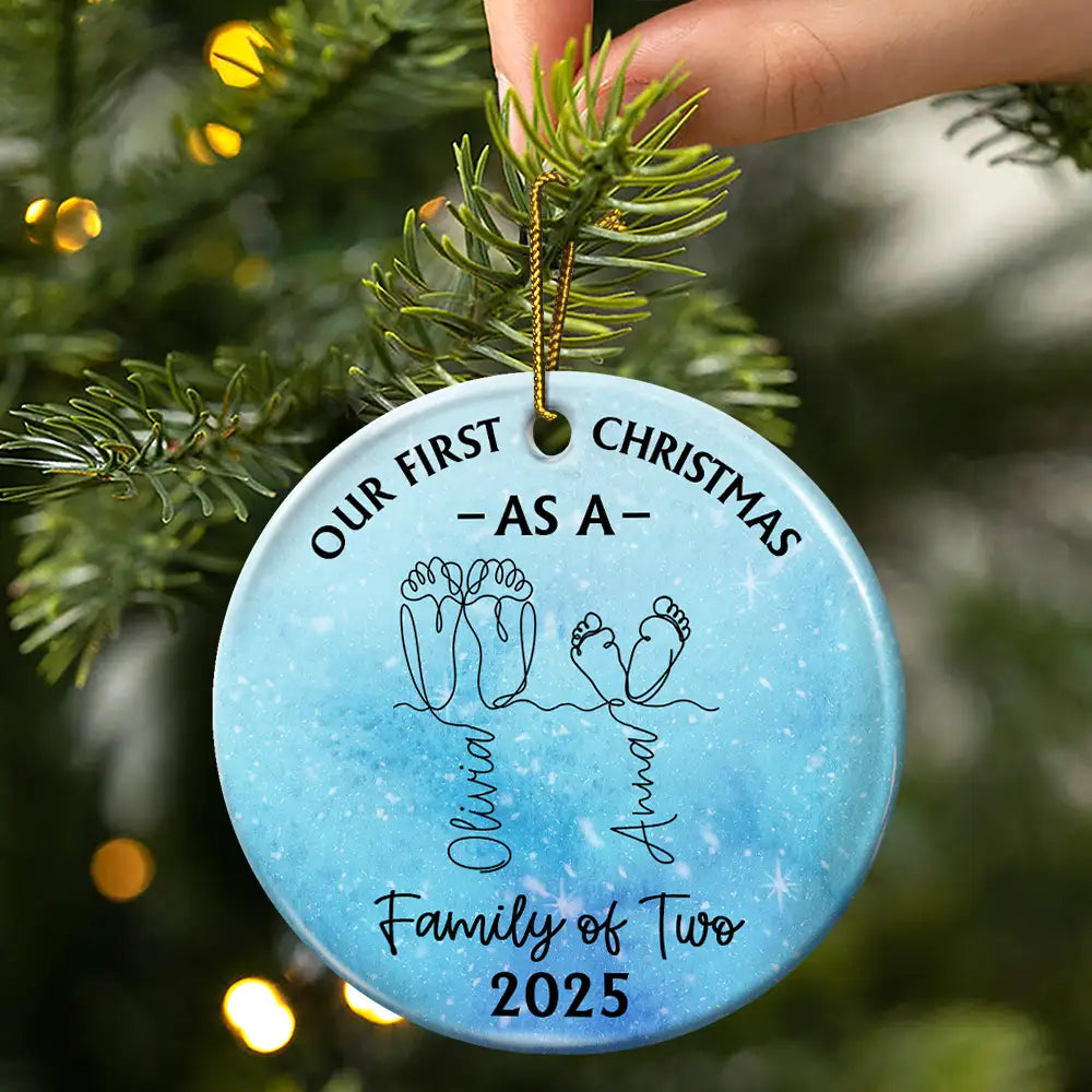 Christmas,New Dad,New baby,New Mom,Happy - Family Footprint One Line Art First Christmas As A Family Of Three - Personalized Circle Ceramic Ornament