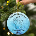 Christmas,New Dad,New baby,New Mom,Happy - Family Footprint One Line Art First Christmas As A Family Of Three - Personalized Circle Ceramic Ornament