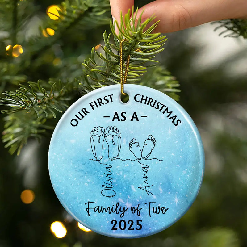 Christmas,New Dad,New baby,New Mom,Happy - Family Footprint One Line Art First Christmas As A Family Of Three - Personalized Circle Ceramic Ornament