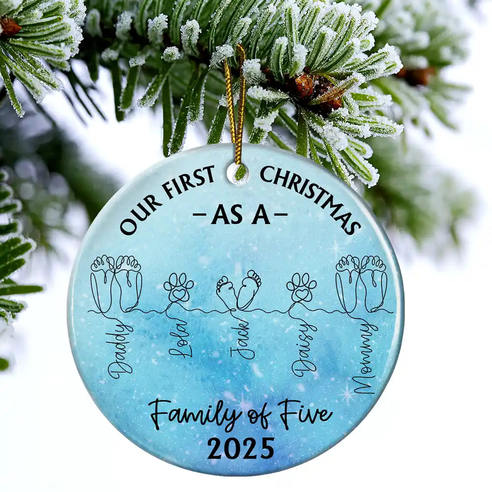Christmas,New Dad,New baby,New Mom,Happy - Family Footprint One Line Art First Christmas As A Family Of Three - Personalized Circle Ceramic Ornament