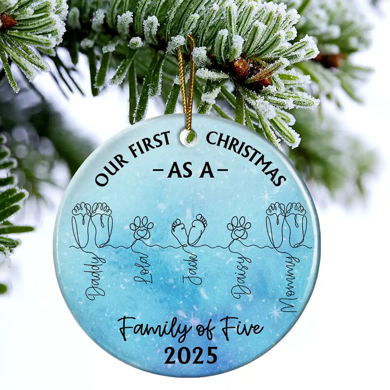 Christmas,New Dad,New baby,New Mom,Happy - Family Footprint One Line Art First Christmas As A Family Of Three - Personalized Circle Ceramic Ornament
