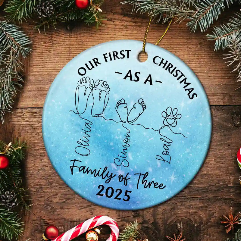 Christmas,New Dad,New baby,New Mom,Happy - Family Footprint One Line Art First Christmas As A Family Of Three - Personalized Circle Ceramic Ornament