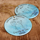 Christmas,New Dad,New baby,New Mom,Happy - Family Footprint One Line Art First Christmas As A Family Of Three - Personalized Circle Ceramic Ornament