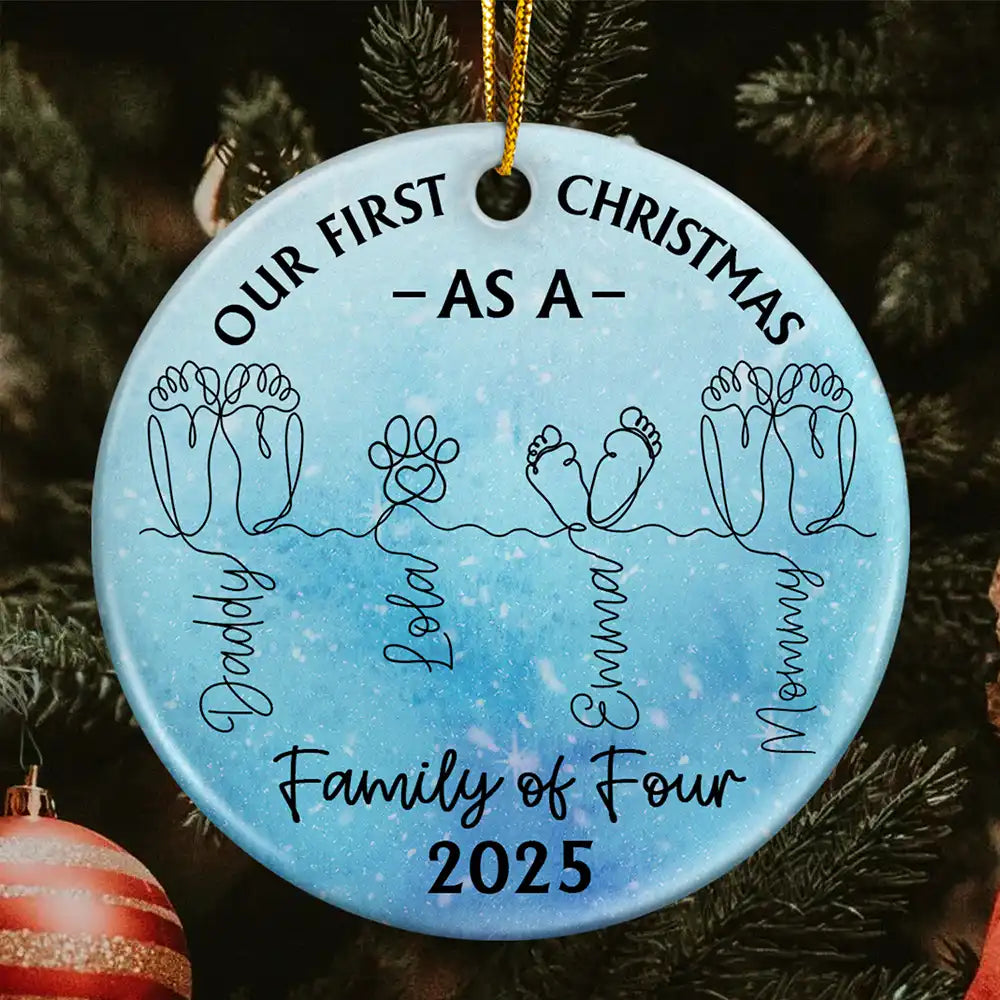 Family Footprint One Line Art First Christmas As A Family Of Three - Personalized Circle Ceramic Ornament