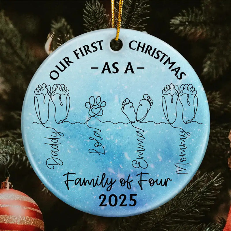 Christmas,New Dad,New baby,New Mom,Happy - Family Footprint One Line Art First Christmas As A Family Of Three - Personalized Circle Ceramic Ornament