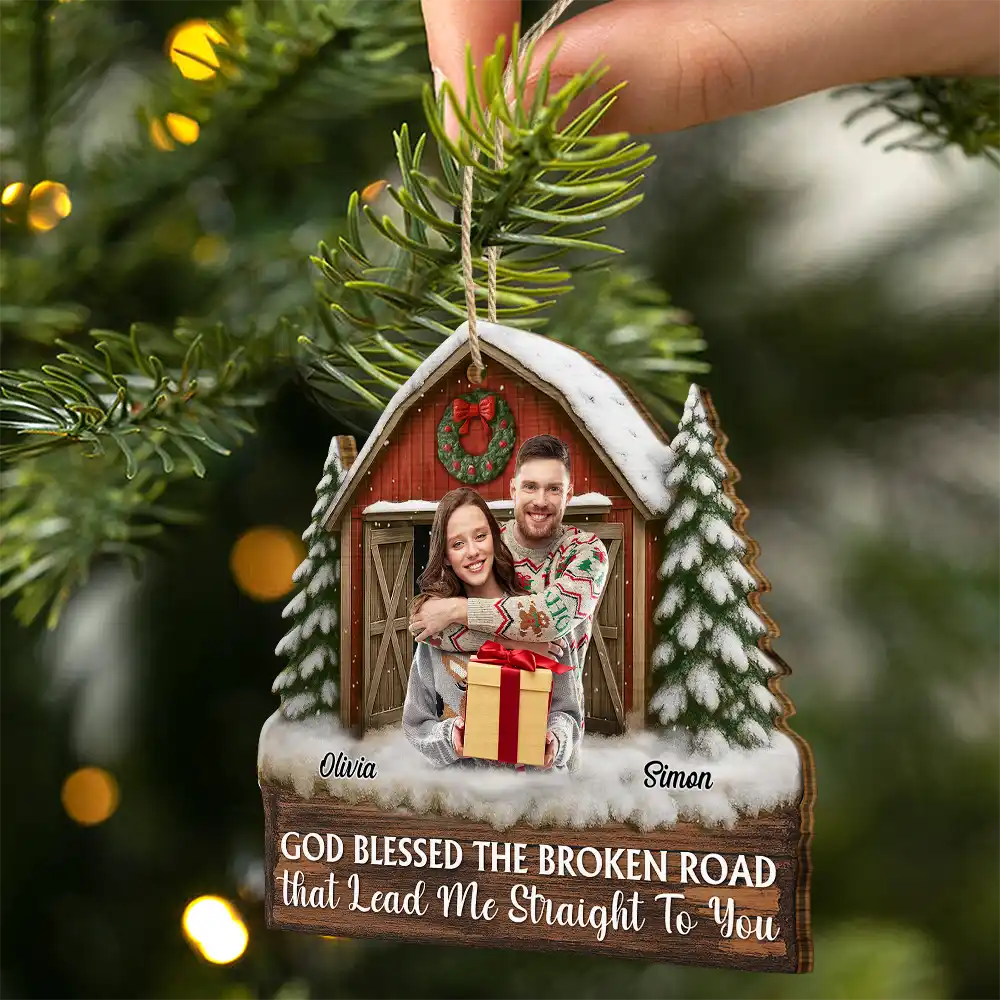 Christmas,Gift For Couples,Gift For Husband,Gift For Wife,Gift For Boyfriend,Gift For Girlfriend,Happy - Custom Photo God Gave Me You Couple Red Barn - Personalized Custom Shaped Wooden Ornament