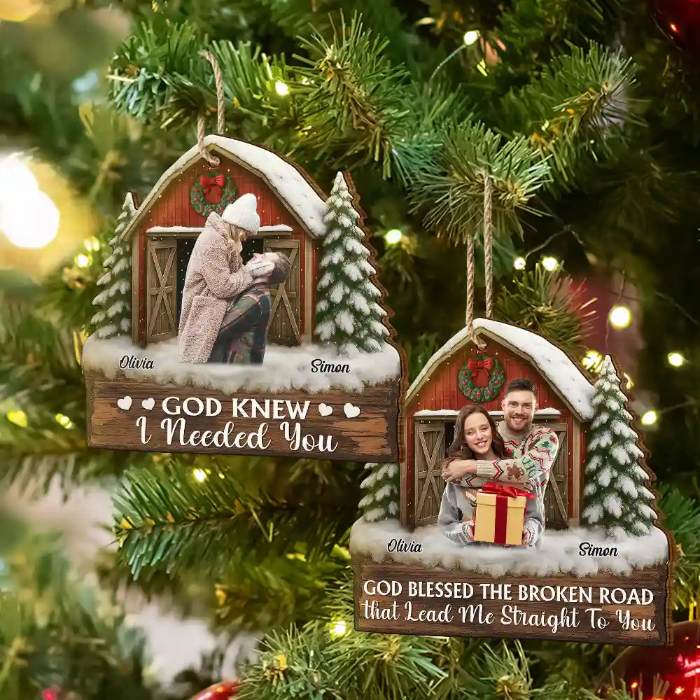 Christmas,Gift For Couples,Gift For Husband,Gift For Wife,Gift For Boyfriend,Gift For Girlfriend,Happy - Custom Photo God Gave Me You Couple Red Barn - Personalized Custom Shaped Wooden Ornament