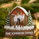 Custom Photo,Christmas,Family,Happy - Custom Photo Family Gathering Red Barn - Personalized Custom Shaped Wooden Ornament
