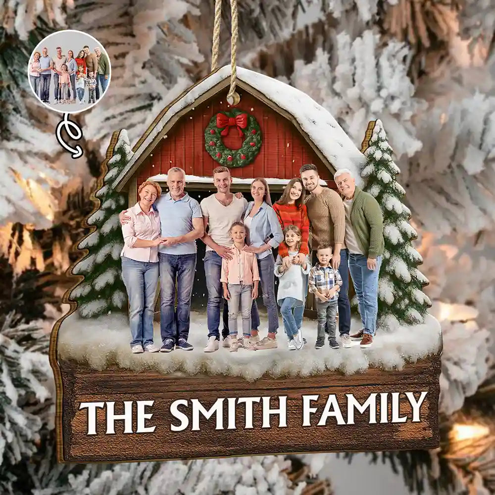 Custom Photo Family Gathering Red Barn - Personalized Custom Shaped Wooden Ornament