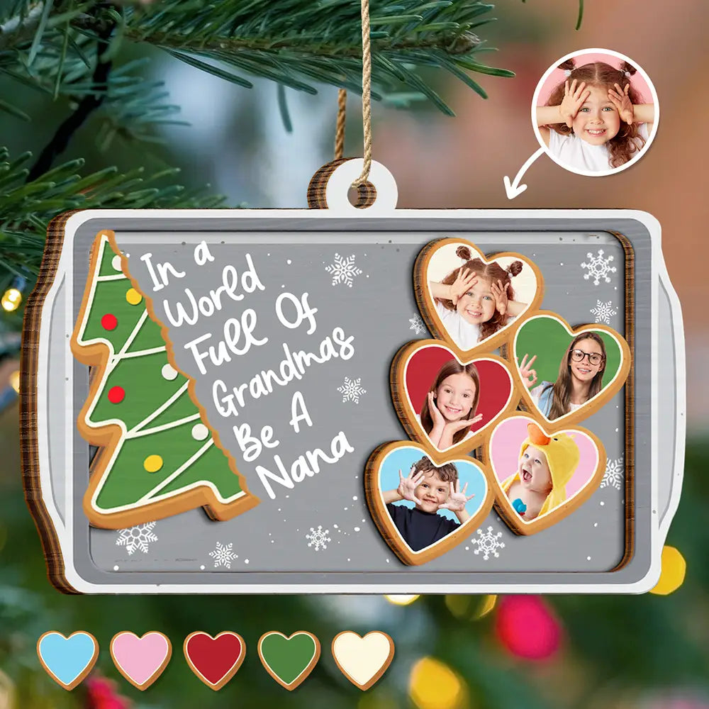 Gift For Grandma,Gift For Women,Christmas,Love - Custom Photo Gingerbread Cookie World Full Of Grandmas - Personalized 2-Layered Wooden Ornament