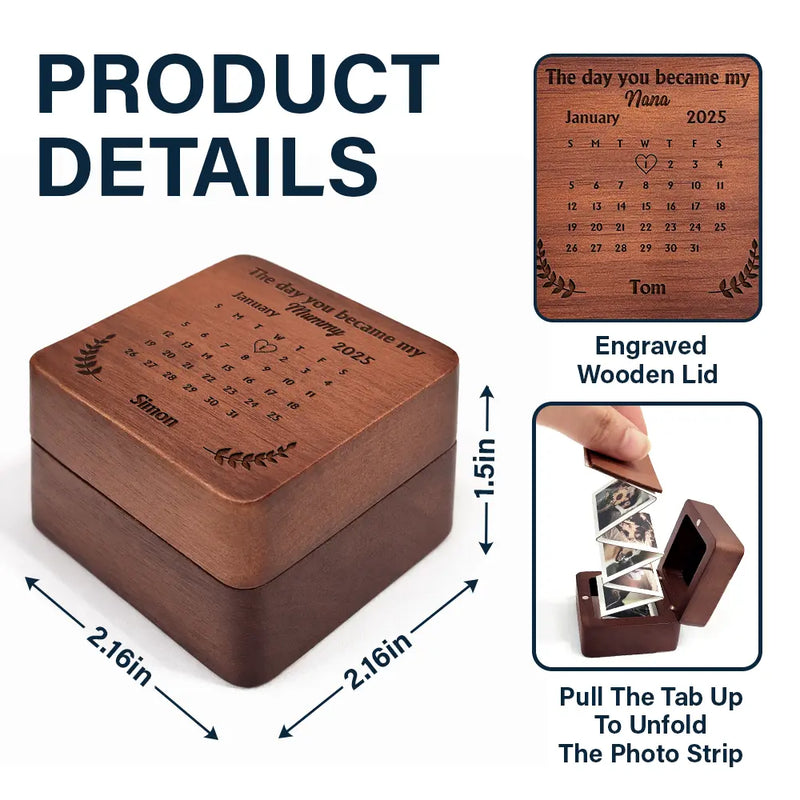 Gift For Women,Gift For Mother,Gift For Father,Parents,Gift For Grandparents,Gift For Grandma,Gift For Grandpa,New Dad,New baby,New Mom,Love - Custom Photo Calendar The Day You Became My Mommy Daddy - Personalized Wooden Accordion Photo Box