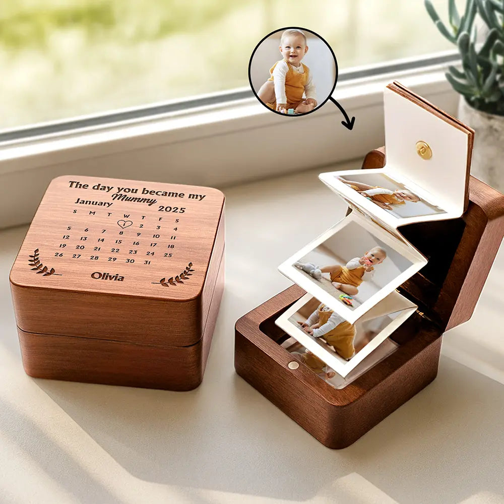 Custom Photo Calendar The Day You Became My Mommy Daddy - Personalized Wooden Accordion Photo Box