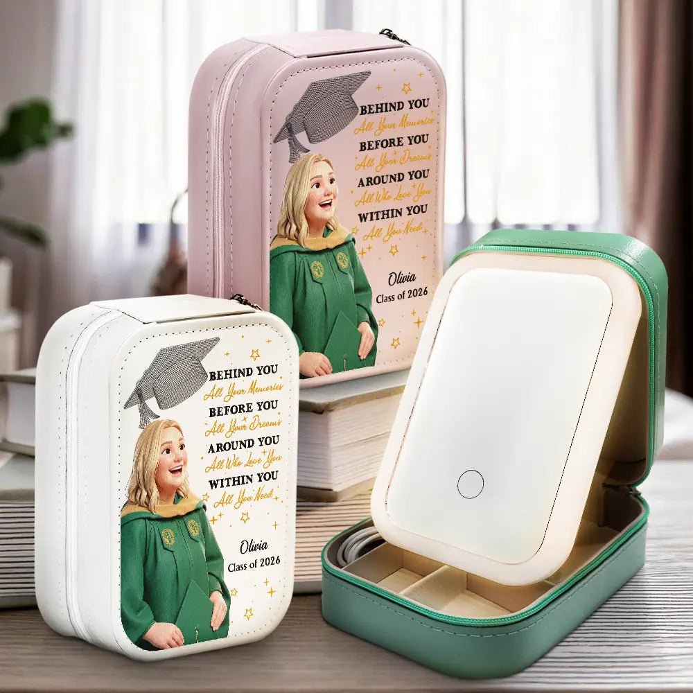Gift For Yourself,Gift For Women,Gift For Daughter,Gift For Sisters,Gift For Bestie,Graduation,Photo - Cartoon Full Portrait,Proud - Custom Photo Cartoon Portrait Behind You All Memories - Personalized Makeup Box With LED Mirror
