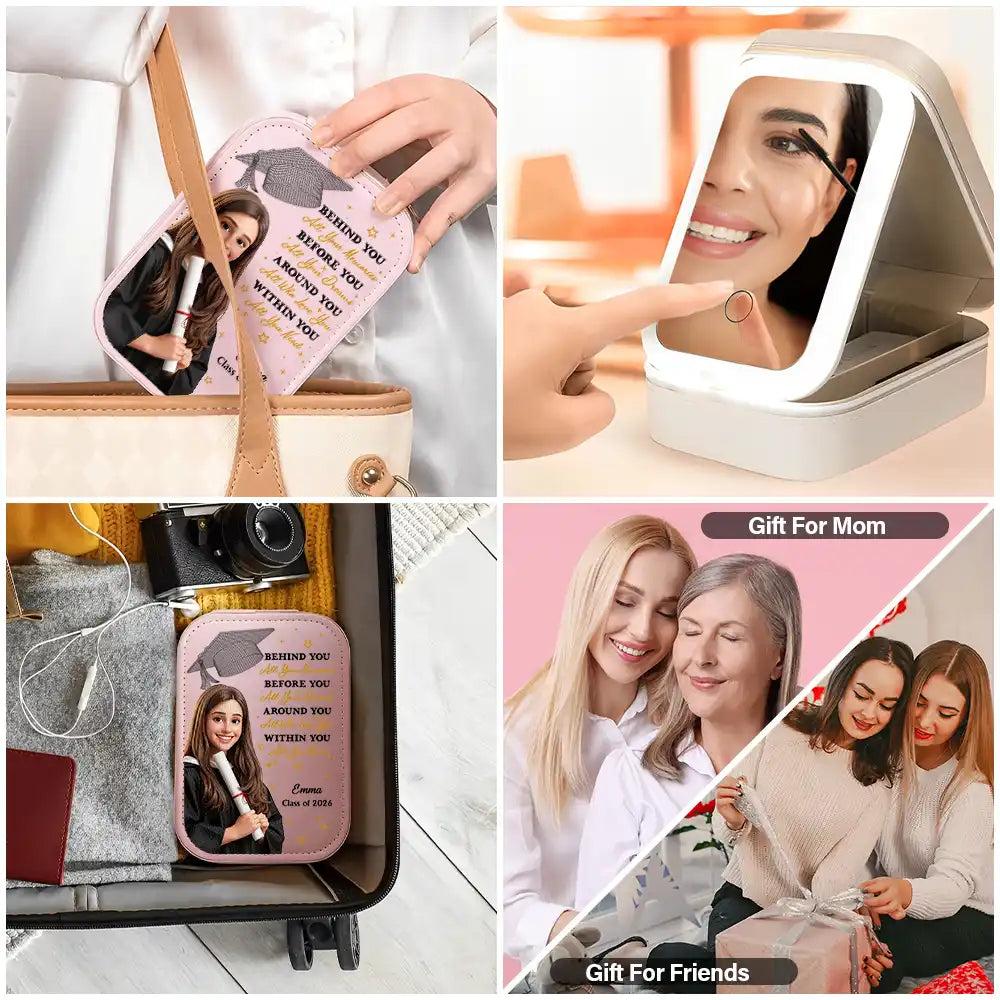 Gift For Yourself,Gift For Women,Gift For Daughter,Gift For Sisters,Gift For Bestie,Graduation,Photo - Cartoon Full Portrait,Proud - Custom Photo Cartoon Portrait Behind You All Memories - Personalized Makeup Box With LED Mirror
