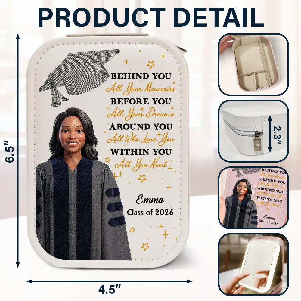 Gift For Yourself,Gift For Women,Gift For Daughter,Gift For Sisters,Gift For Bestie,Graduation,Photo - Cartoon Full Portrait,Proud - Custom Photo Cartoon Portrait Behind You All Memories - Personalized Makeup Box With LED Mirror