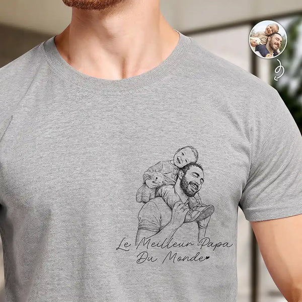 Gift For Father,Custom Photo,Art Design,French,Non-Eng,Sentimental,Photo - Pencil Sketch - Remove BG - Photo Personnalisée Croquis Au Crayon Photo Personnalisée Croquis Au Crayon Meilleur Papa Du Monde Portrait De Famille - T-Shirt Personnalisé