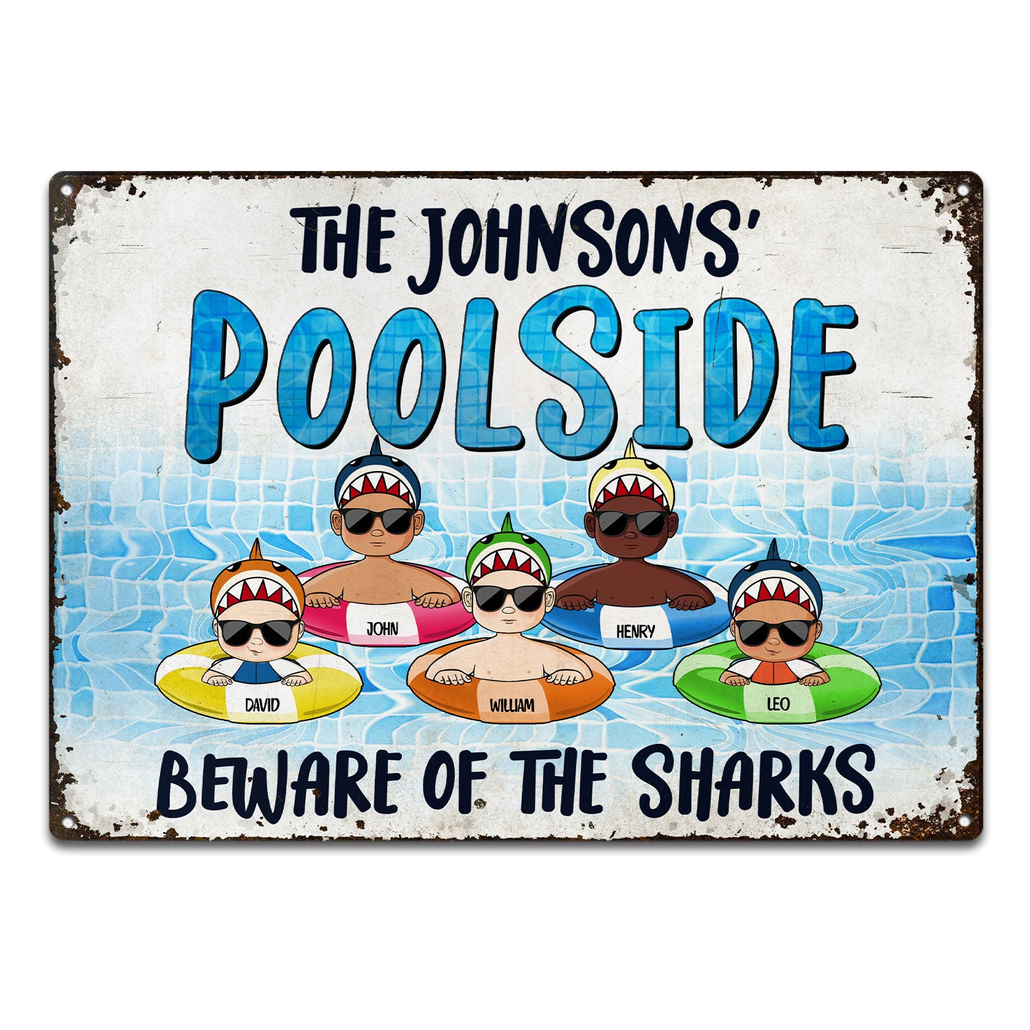 Poolside Warning Beware Of The Sharks - Pool Funny Sign, Outside Decor, Funny Pool Decor - Personalized Custom Classic Metal Signs