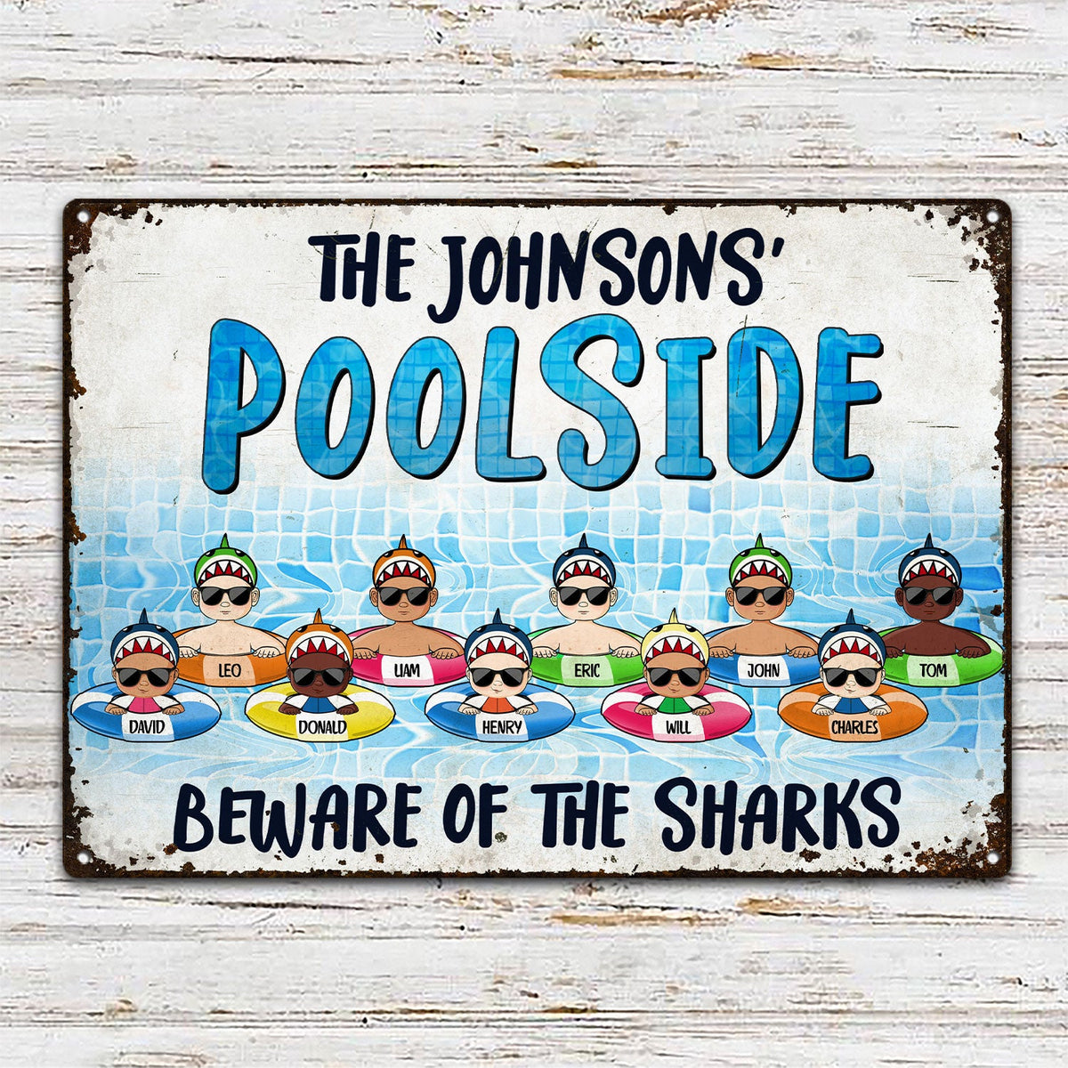 Poolside Warning Beware Of The Sharks Pool Funny Sign, Outside Decor