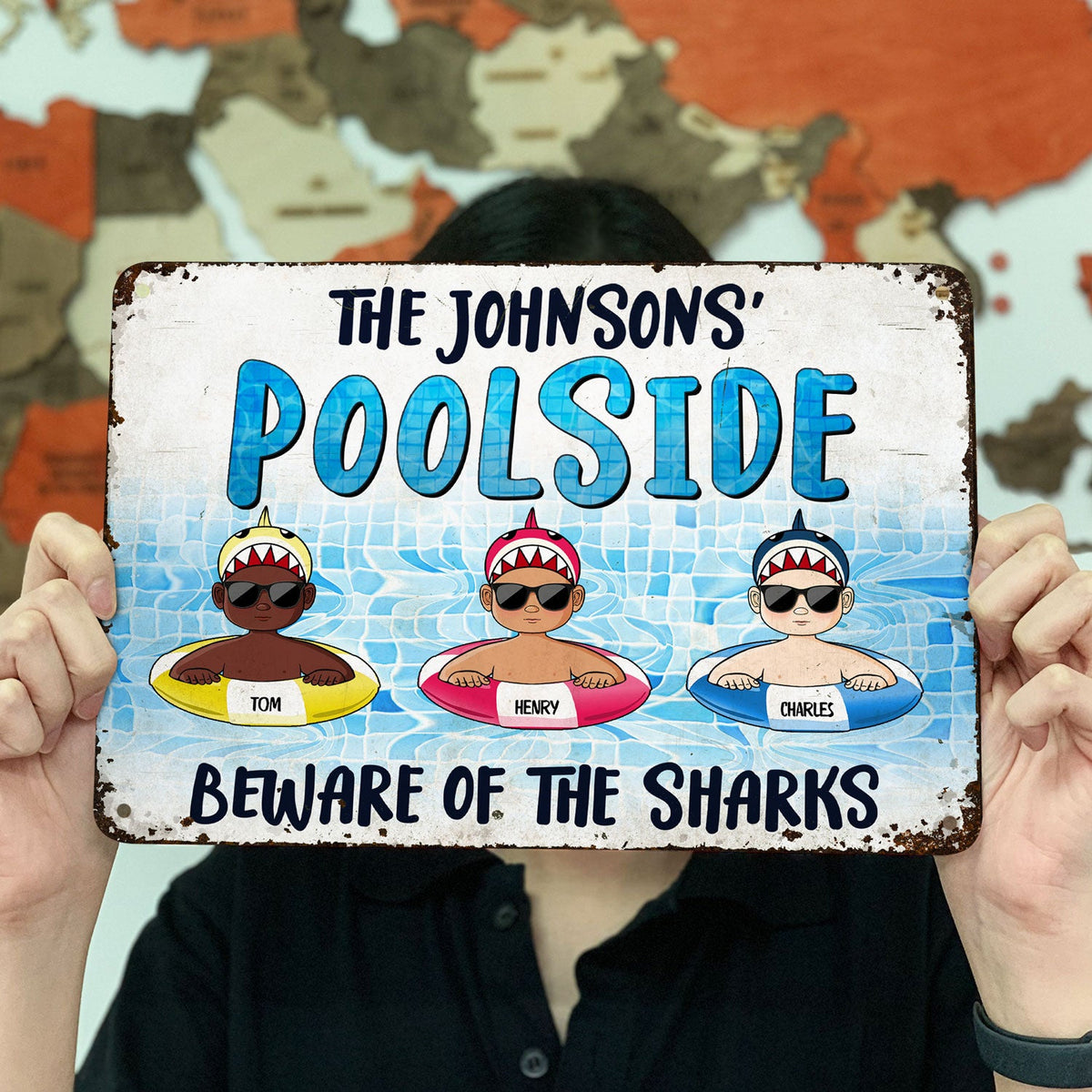 Poolside Warning Beware Of The Sharks Pool Funny Sign, Outside Decor