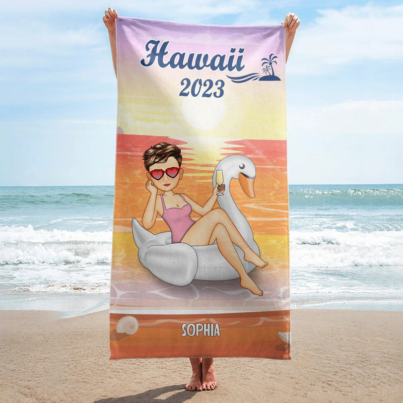 Beach Pool Flamingo Girl - Gift For Women, Gift For Yourself - Personalized Custom Beach Towel