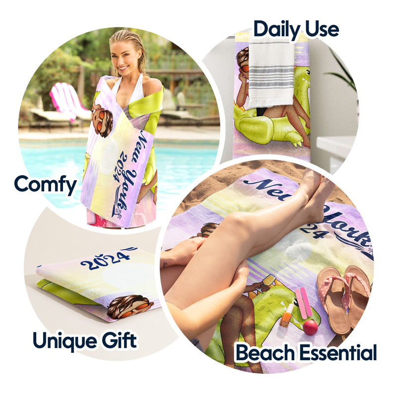 Beach Pool Flamingo Girl - Gift For Women, Gift For Yourself - Personalized Custom Beach Towel