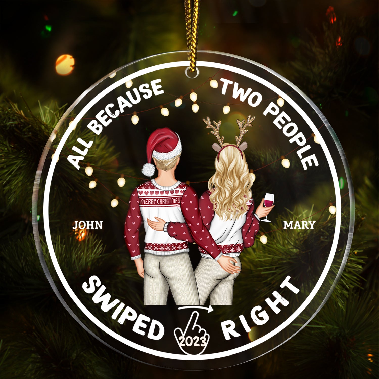 Christmas Couple All Because Swiped Right - Gift For Couples - Personalized Circle Acrylic Ornament