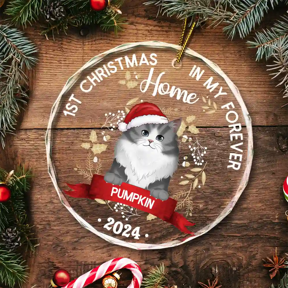 Cat 1st Christmas In My Forever Home - Personalized Circle Glass Ornament