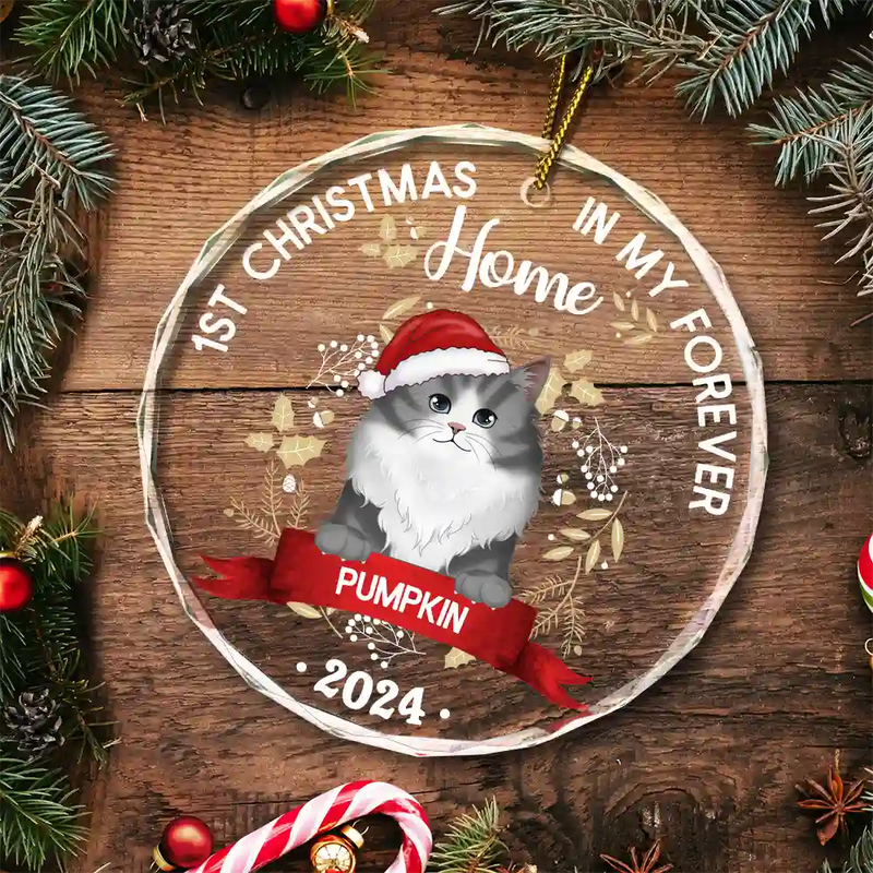 Cat 1st Christmas In My Forever Home - Personalized Circle Glass Ornament