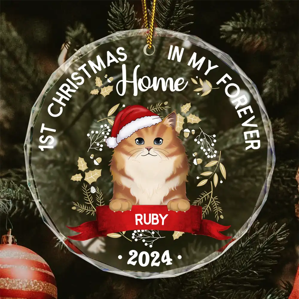Cat 1st Christmas In My Forever Home - Personalized Circle Glass Ornament