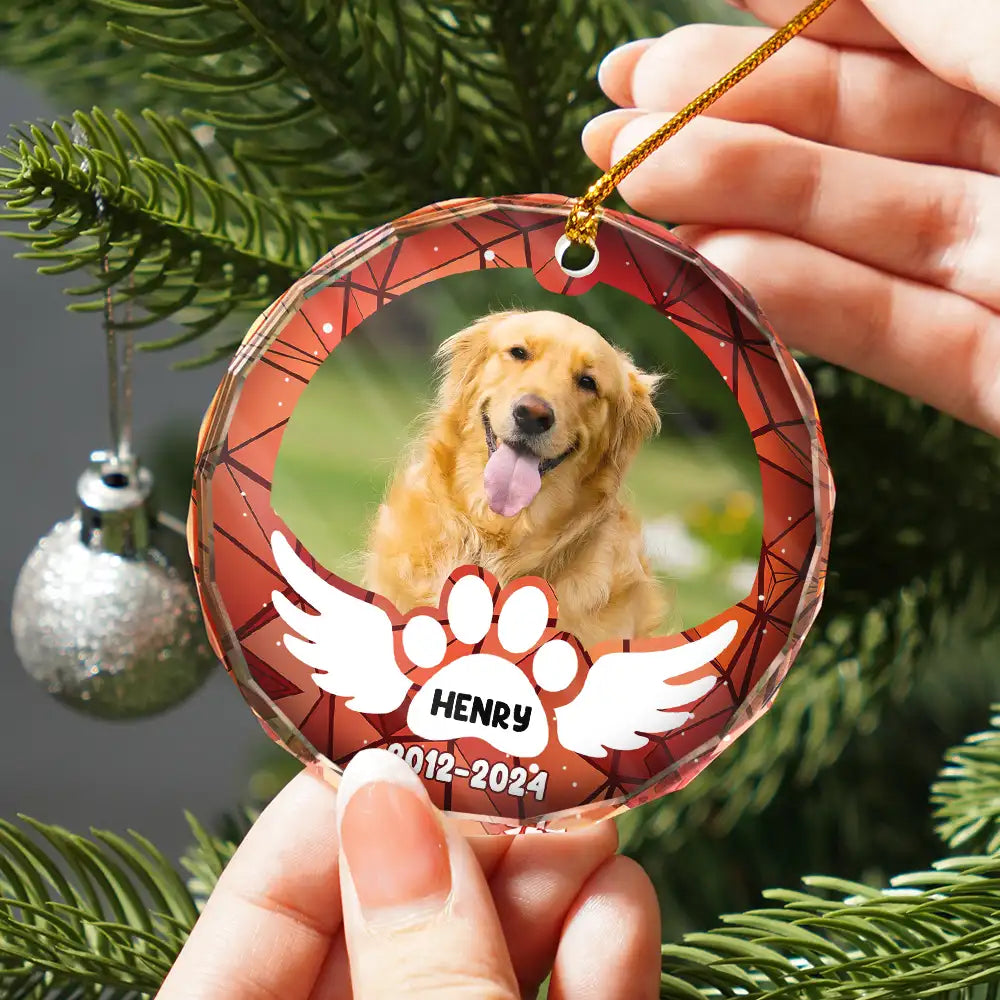 Memorial, Pet Lovers, Cat Lovers, Dog Lovers - Custom Photo In Loving Memory Pet Wings - Personalized Circle Glass Ornament
