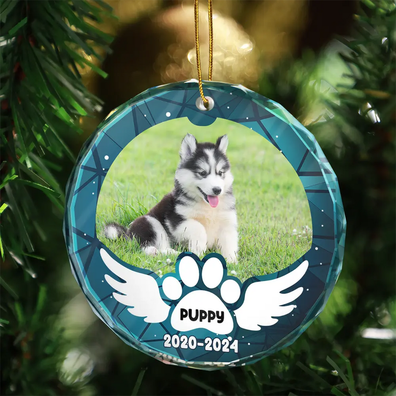Memorial, Pet Lovers, Cat Lovers, Dog Lovers - Custom Photo In Loving Memory Pet Wings - Personalized Circle Glass Ornament
