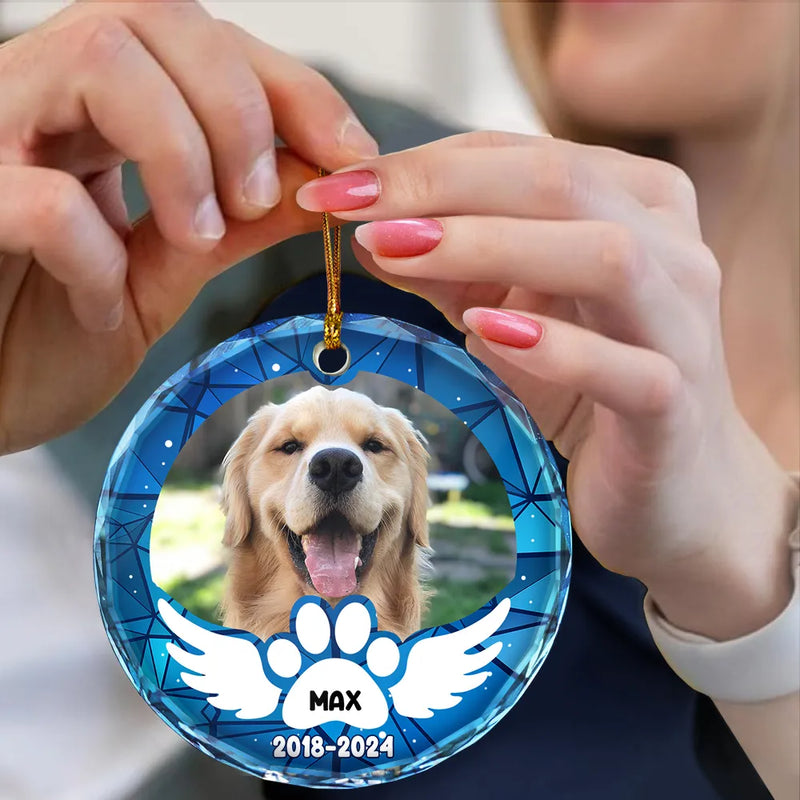 Memorial, Pet Lovers, Cat Lovers, Dog Lovers - Custom Photo In Loving Memory Pet Wings - Personalized Circle Glass Ornament