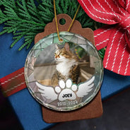 Memorial, Pet Lovers, Cat Lovers, Dog Lovers - Custom Photo In Loving Memory Pet Wings - Personalized Circle Glass Ornament