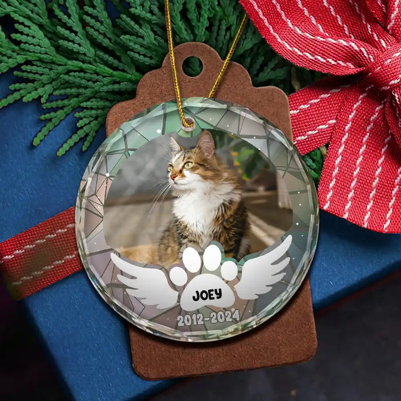 Memorial, Pet Lovers, Cat Lovers, Dog Lovers - Custom Photo In Loving Memory Pet Wings - Personalized Circle Glass Ornament