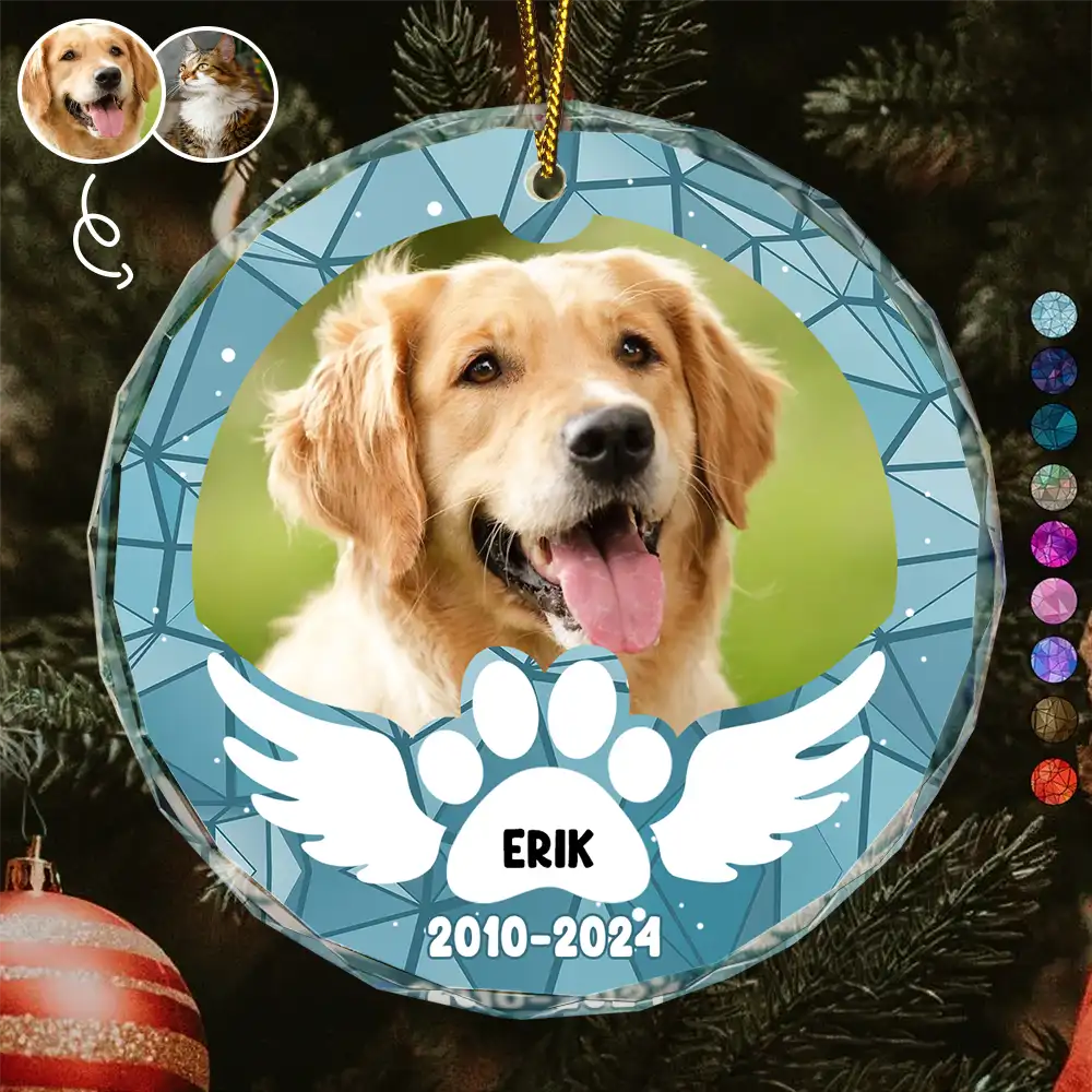 Custom Photo In Loving Memory Pet Wings - Personalized Circle Glass Ornament
