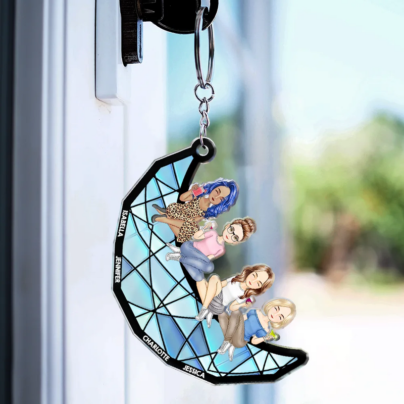 Cartoon Besties Friends Sitting On The Moon - Personalized Cutout Acrylic Keychain