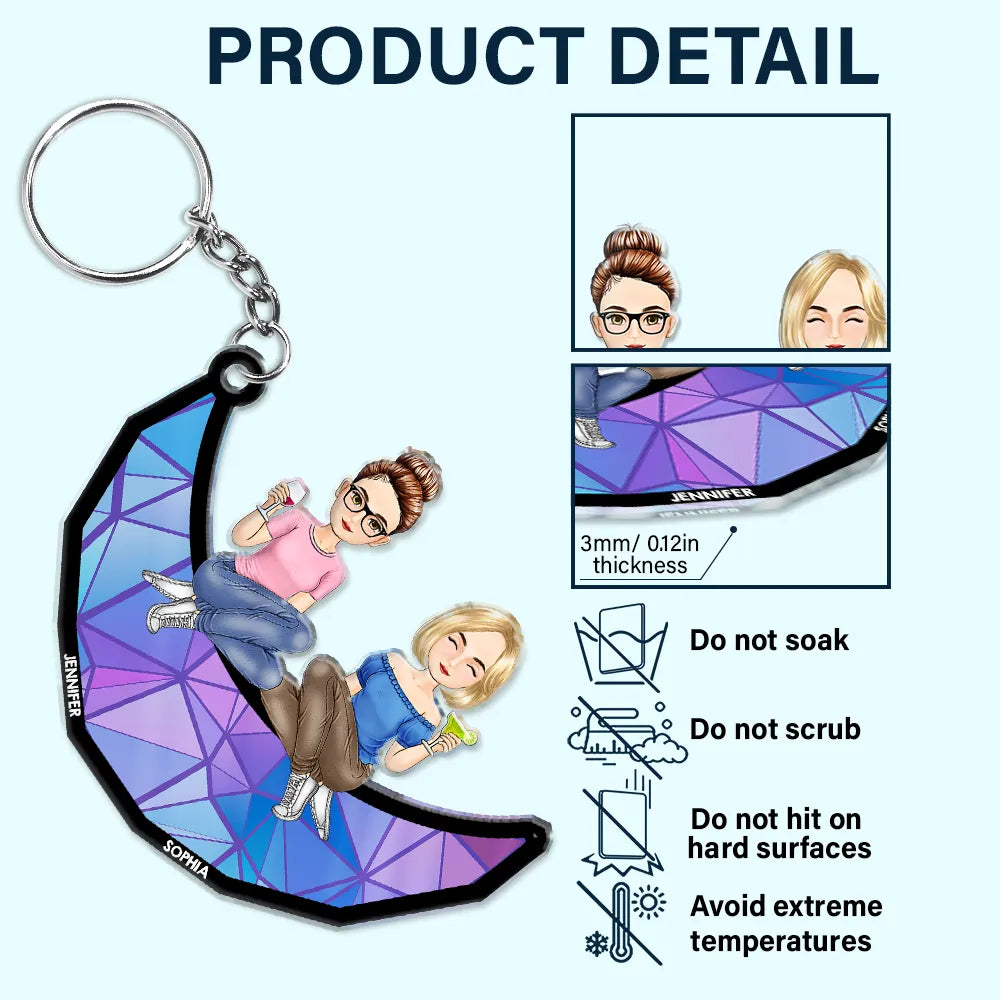 Cartoon Besties Friends Sitting On The Moon - Personalized Cutout Acrylic Keychain
