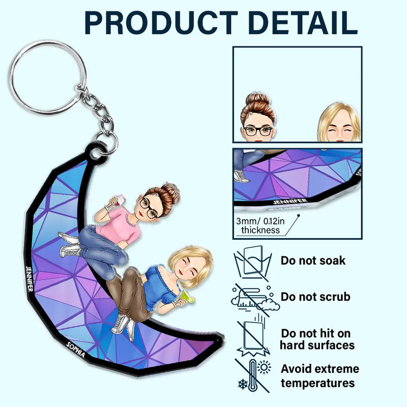 Cartoon Besties Friends Sitting On The Moon - Personalized Cutout Acrylic Keychain