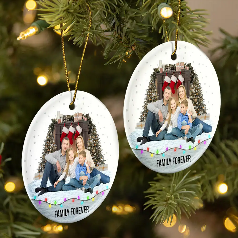 Family, Gift For Bestie - Custom Photo Family Friends Snow - Personalized Circle Ceramic Ornament