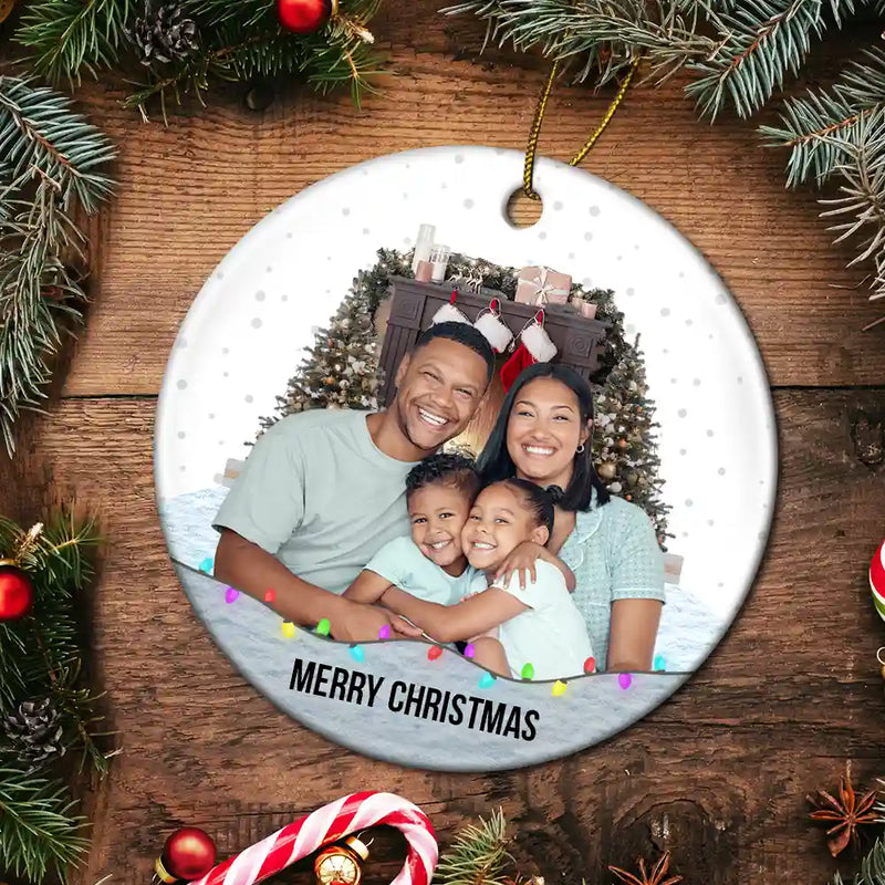 Family, Gift For Bestie - Custom Photo Family Friends Snow - Personalized Circle Ceramic Ornament