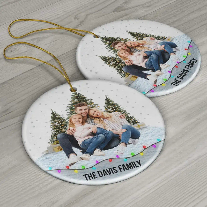 Family, Gift For Bestie - Custom Photo Family Friends Snow - Personalized Circle Ceramic Ornament